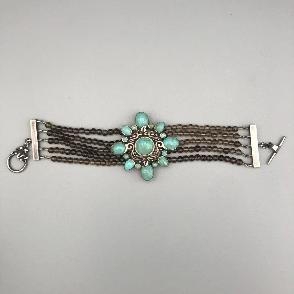 Barse Sterling Silver Turquoise Bracelet Beaded Smoky Quartz 7.5